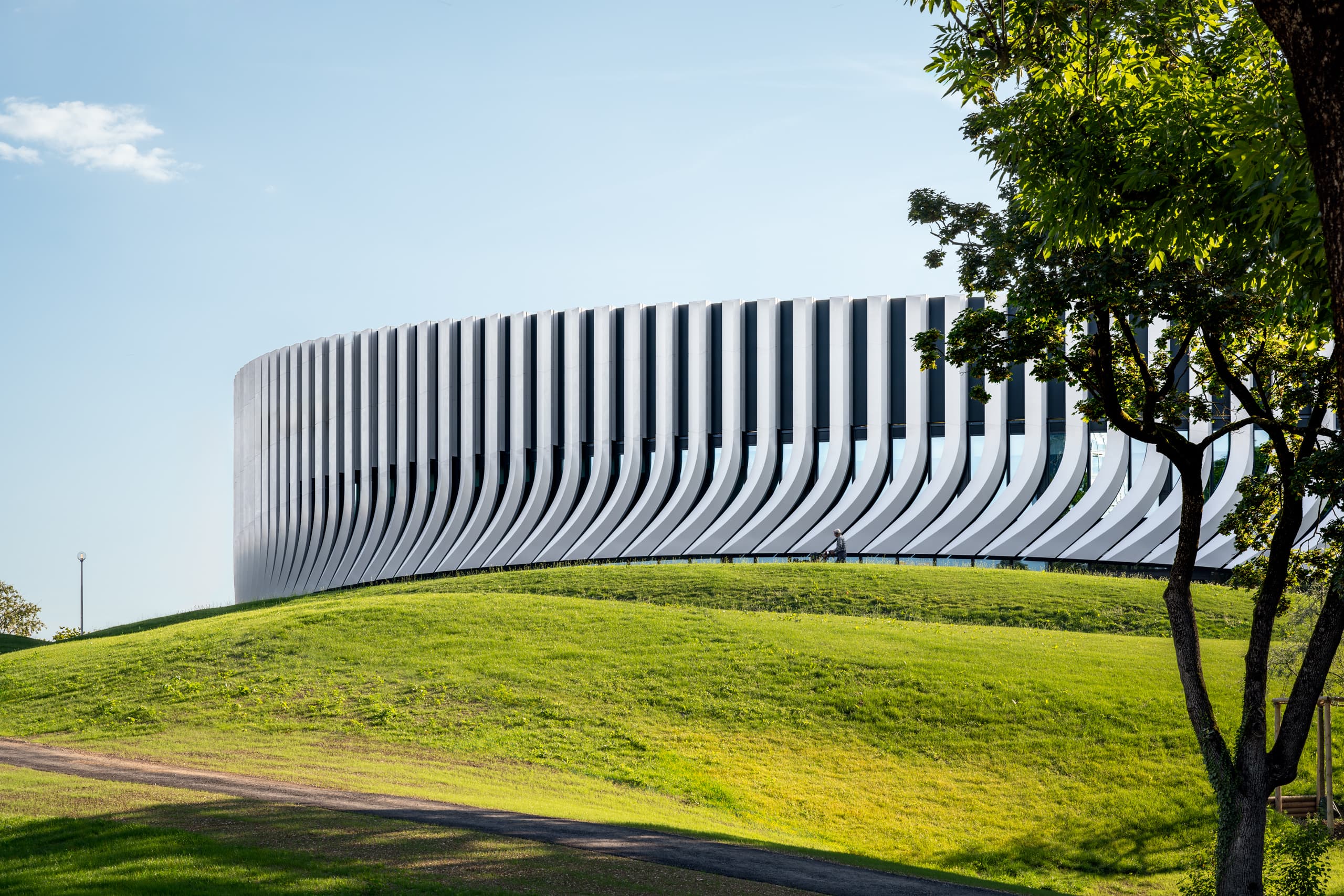 Contemporary sports arena, SAP Garden Munich, exterior view, by Andrius Gudelis