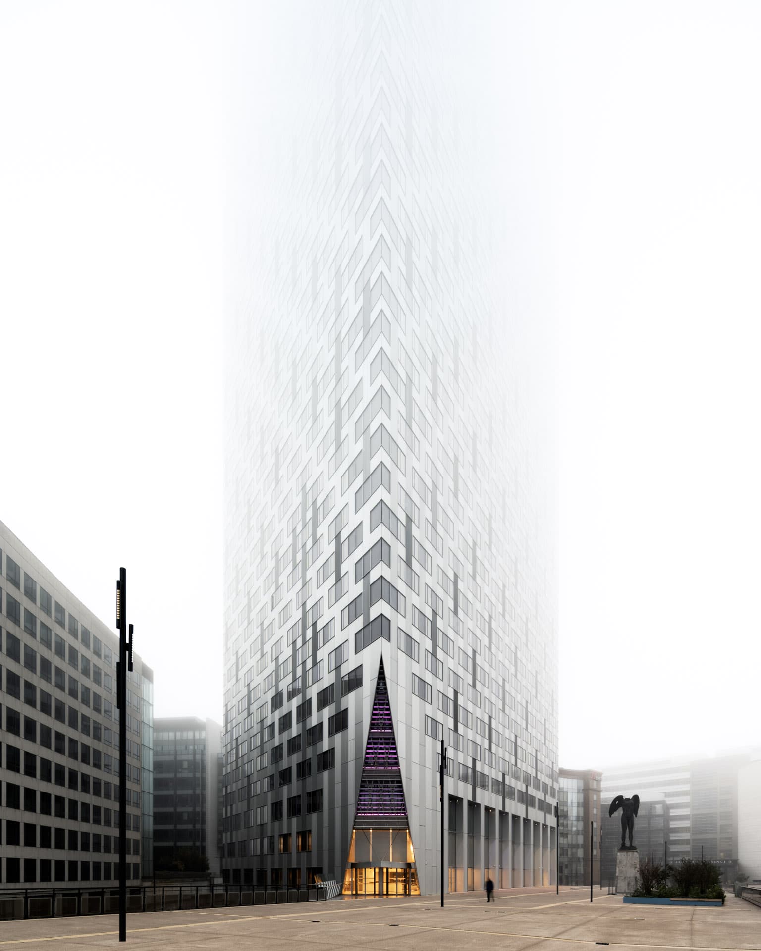 Exterior view in fog, skyscraper office building, Paris La Défense, by Andrius Gudelis